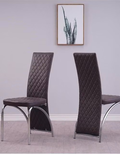 Modernique Set of 4 Brown Faux Leather High Back Dining Chairs with Chrome Metal Frame