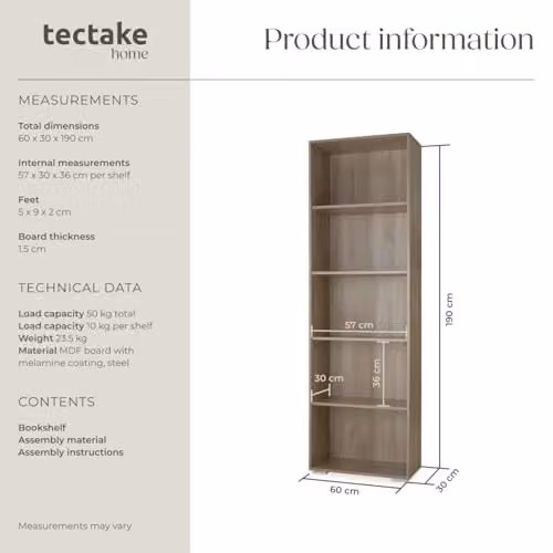 tectake 5-Tier Minimalist Oak Bookcase with Adjustable Shelves, H 190 x W 30 x D 30 cm – 3