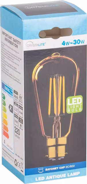 Crystalite Antique LED Golden Filament Candle Bulb, B22, Warm White/Gold/Brass