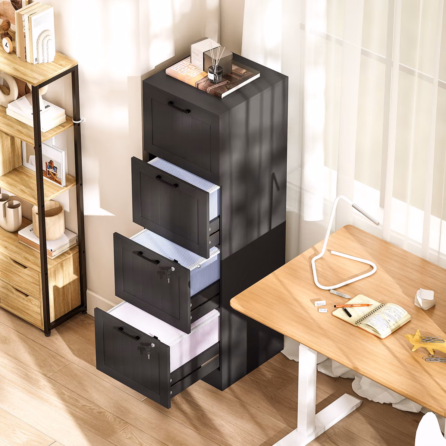 HOMCOM 4 Drawer Filing Cabinet with Lock in Black, Office Storage Cabinet with Adjustable Hanging Bars for A4 and Letter Size Files – 6