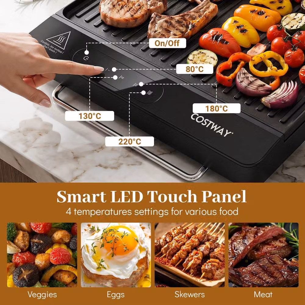 Costway 1300W Electric Grill with Removable Touch Panel and Nonstick Griddle Plate, Black – 3