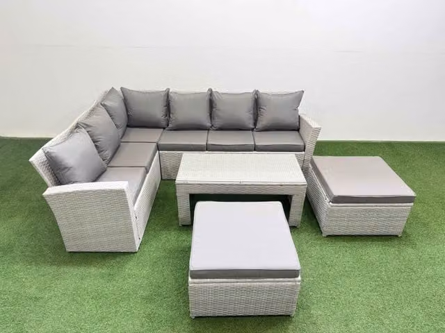 Fimous Outdoor 8 Seater L-Shape Corner Sofa Set with 2 Ottomans and Coffee Table in Light Grey