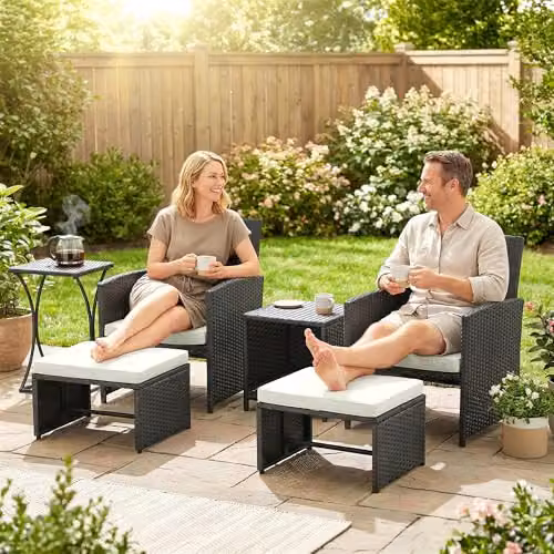 Outsunny 6 Piece L-Shape Rattan Garden Furniture Set with Upholstered Cushions and Coffee Table in Black – 9