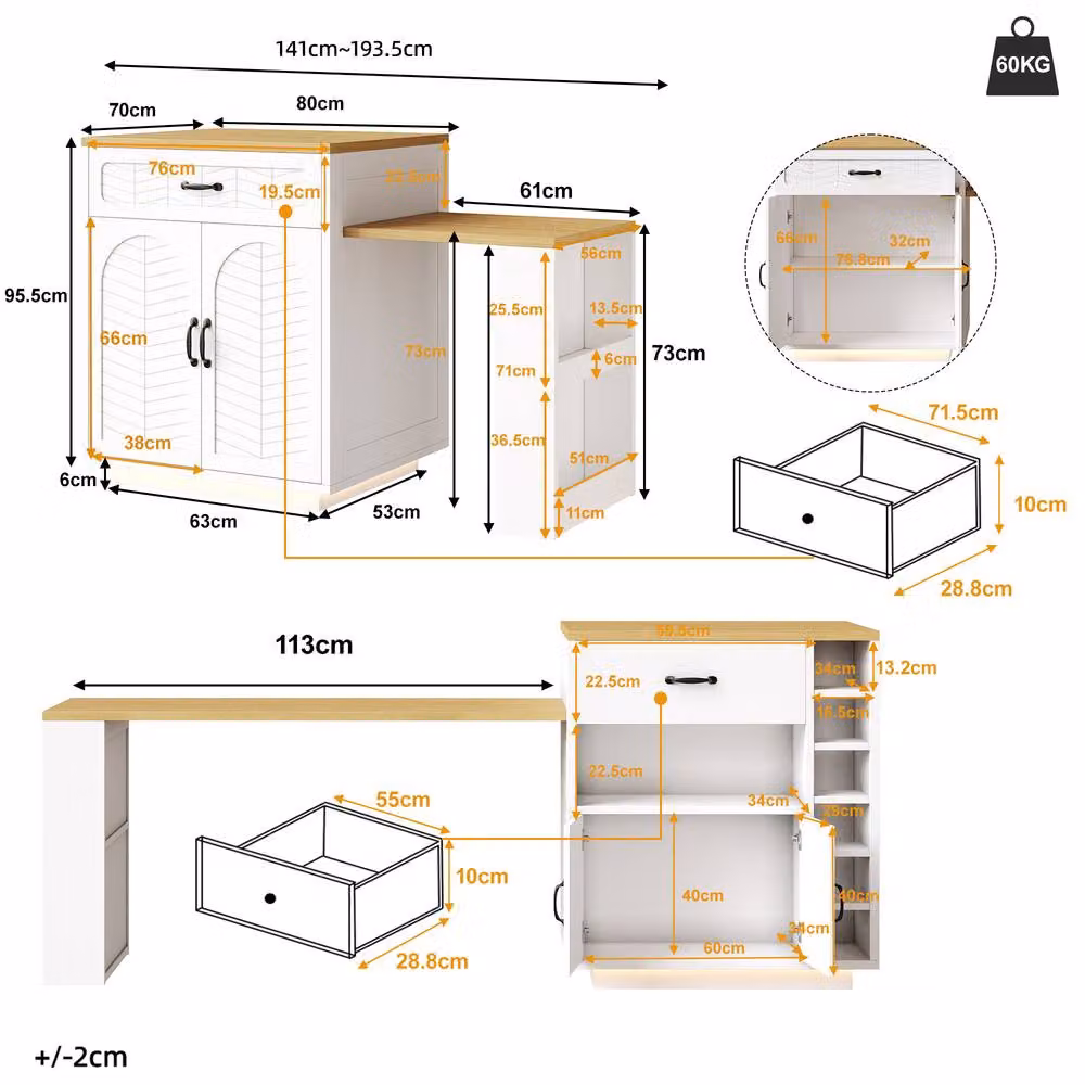 Rolipo Extendable Kitchen Island with Dining Table and LED Storage Cabinet in White – 4