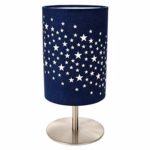 Happy Homewares Blue and Silver Stars Cotton Childrens Bedside Table Lamp, Height: 23 cm – 1