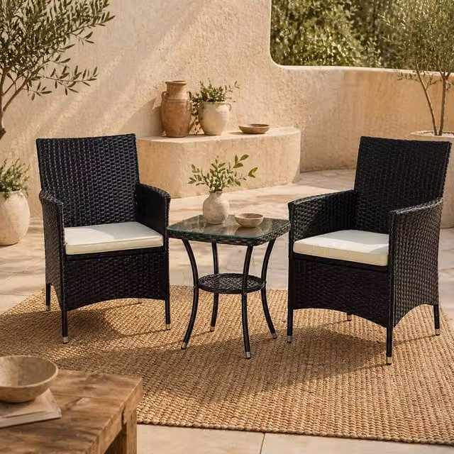 Wyld Haus Rafifi Black 3 Piece Rattan Bistro Set with 2 Armchairs and 2 Tier Table