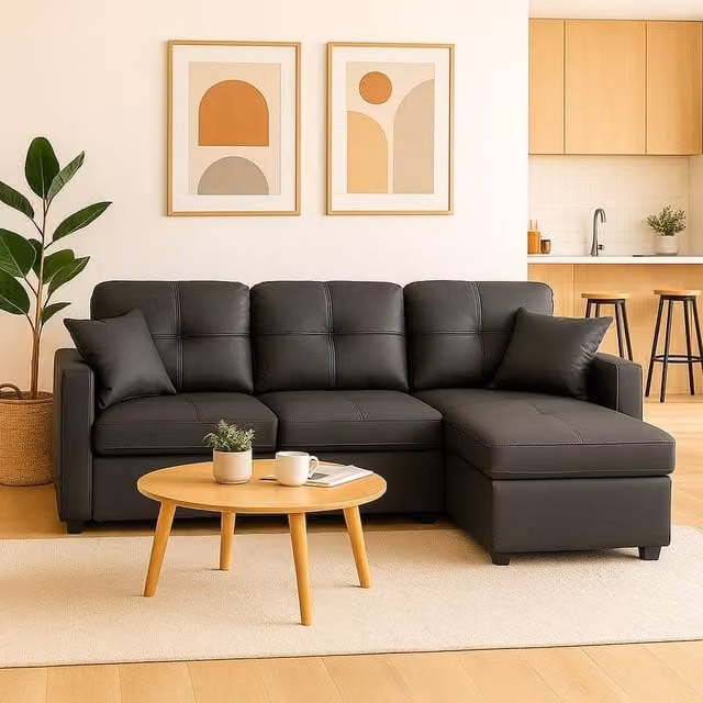 SquareBoxx Astoria 3 Seater L Shape Convertible Pullout Sofa Bed with Deep Storage in Black Faux Leather – 1