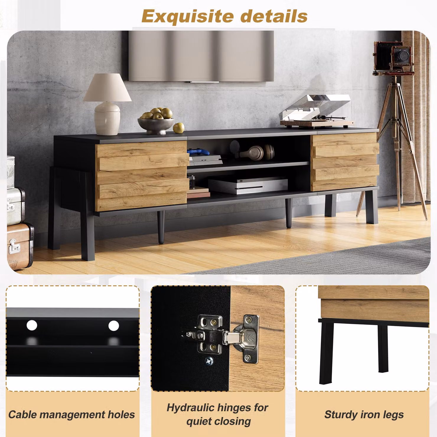 Aosom UK Low-Profile Scandinavian Style TV Cabinet in Natural with Soft-Close Hinges and Adjustable Shelves, W: 39.5 cm, D: 175 cm, H: 53 cm – 4