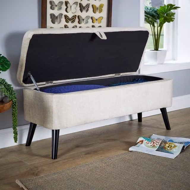 Home Source Grey Velvet Fabric Ottoman Storage Box with Wooden Legs – 1