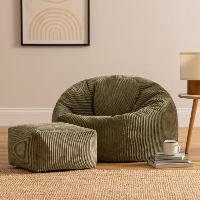 icon Kingston Cord Bean Bag and Footstool Bundle in Green – 1