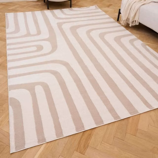 The Rugs Loft Abstract Wave Line Textured Terra Rug in Beige and Grey, W: 160 cm, D: 230 cm