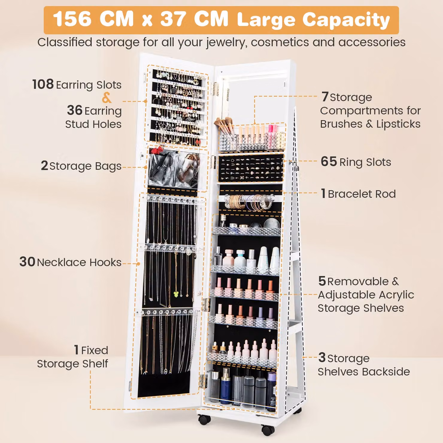 Gymax 360 Rotating White Standing Jewelry Armoire with Mirror and LED Lighting – 2