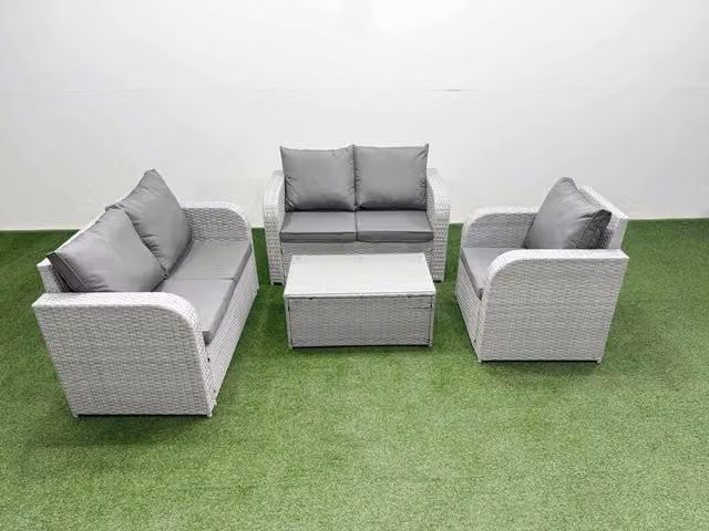 Fimous High Back Poly Rattan Garden Furniture Set in Light Grey with Reclining Chair, 2-Seater Sofa, and Coffee Table