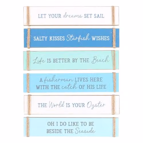 KDMD Pack of 6 Maritime Nautical Wood Block Signs in Blue and White