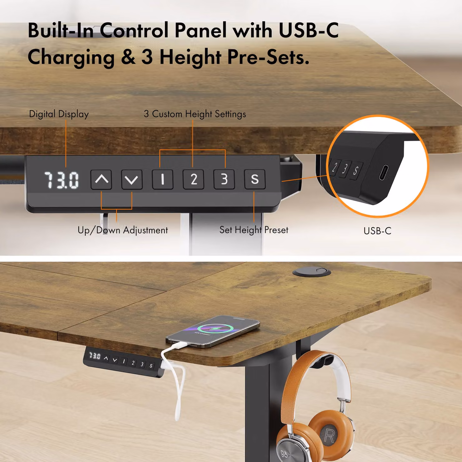 VonHaus Electric Height Adjustable Standing Desk with USB-C Charging in Matt Dark Brown – 5