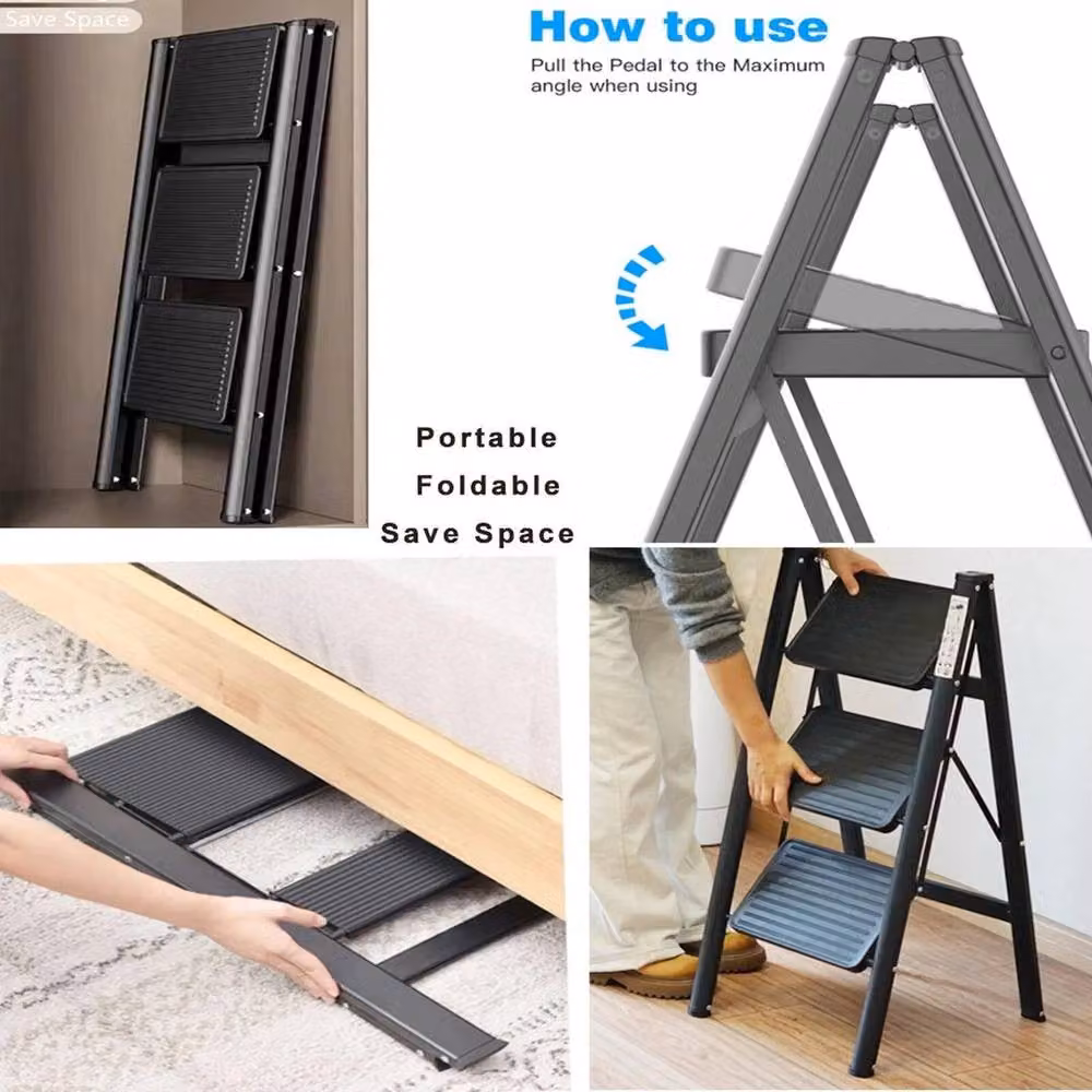 NESTLUNE 3 Step Folding Heavy Duty Aluminium Ladder in Black, Width: 52 cm – 5