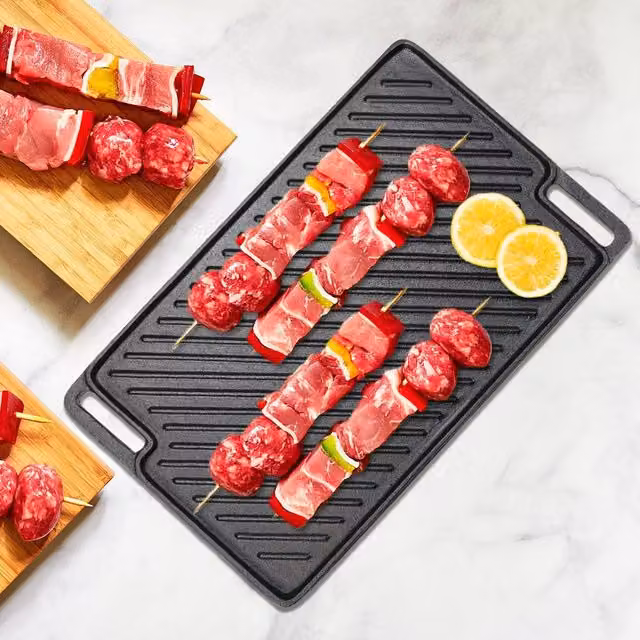 Living and Home Cast Iron Reversible Griddle Pan and 2-Side Grilling Plate with 2 Handles, Black