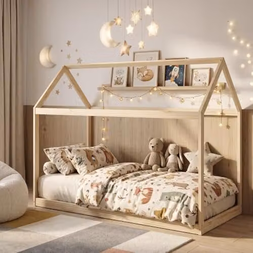 HOMCOM Scandinavian Style House Single Bed Frame in Natural Pine Wood, W/D/H: 90 x 190 x 120 cm
