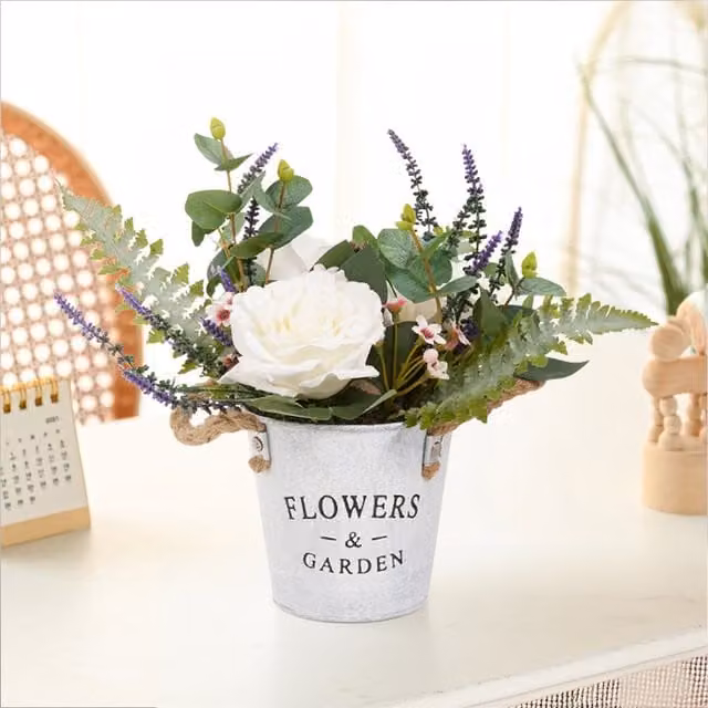 Livingandhome White and Green Artificial Rose Floral Tabletop Decor with Rustic Metal Base