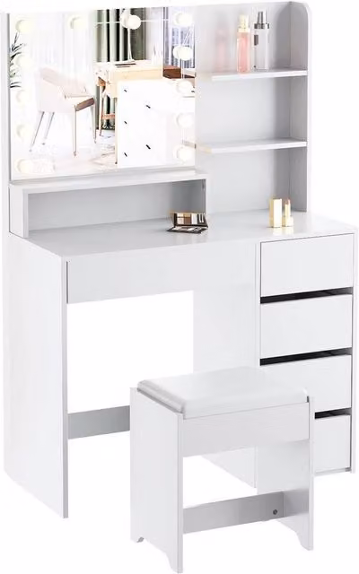 FORGEVIO Modern White Dressing Table with 5 Drawers and Hollywood LED Mirror Set