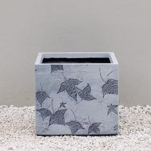 Primrose Grey Stone Effect Ceramic Garden Planter with Leaf Embossed Design, Diameter: 38 cm – 1