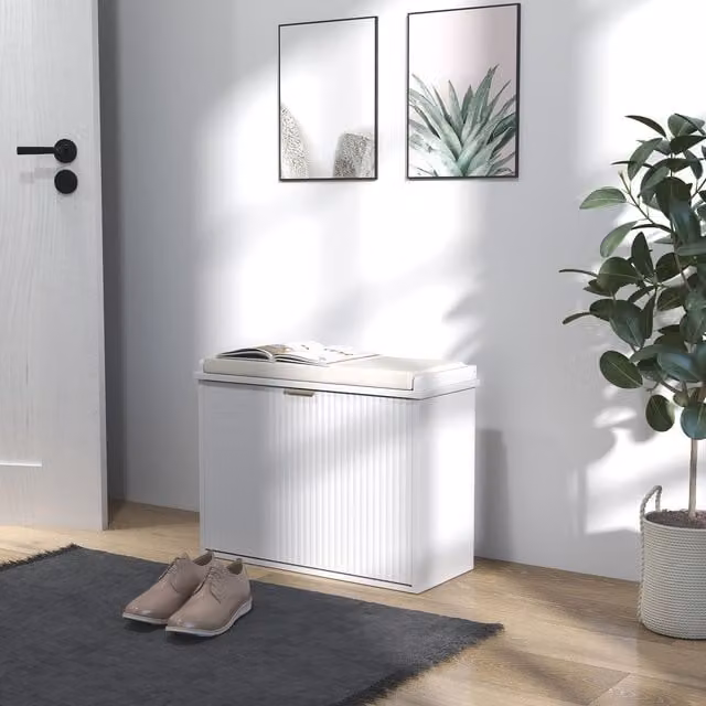 HOMCOM Shoe Storage Bench with Cushion and Flip-Drawer, White, W: 62 cm, D: 26 cm, H: 47.5 cm – 1