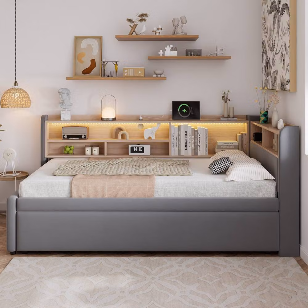 Merax Grey Velvet L-Shaped Daybed with Pull-Out Trundle, LED Lighting and USB Charging Port, W/D/H: 190 x 90 x 85 cm – 2