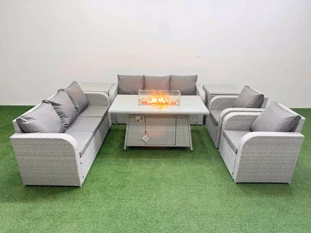 Fimous PE Rattan High Back Lounge Sofa Set with 3 Seater Sofa, Reclining Chair, 2 Side Tables and Firepit Dining Table in Light Grey