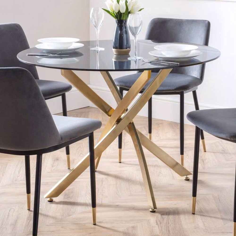 Cheshire Montero Round Glass Dining Table with Gold X-Frame Base, Diameter: 110 cm – 2