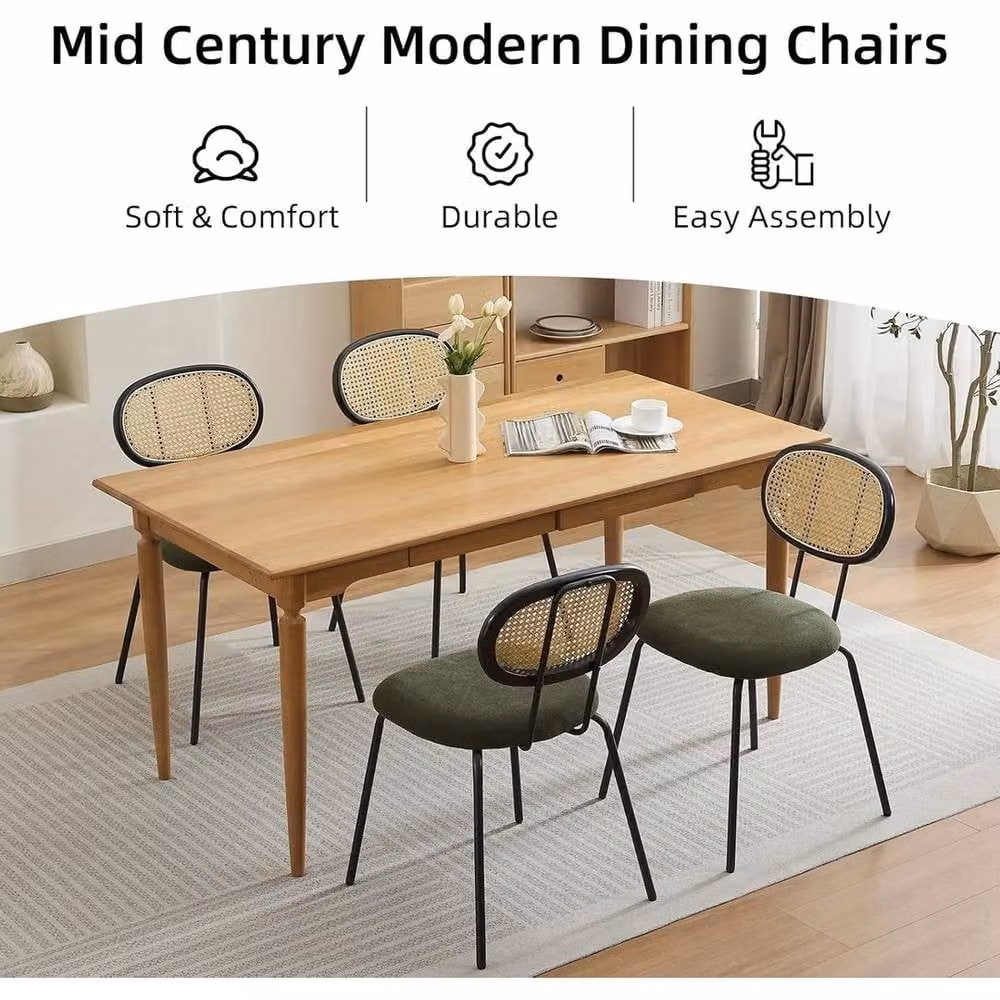VOGREX Set of 2 Mid-Century Dining Chairs with Rattan and Green Fabric – 6