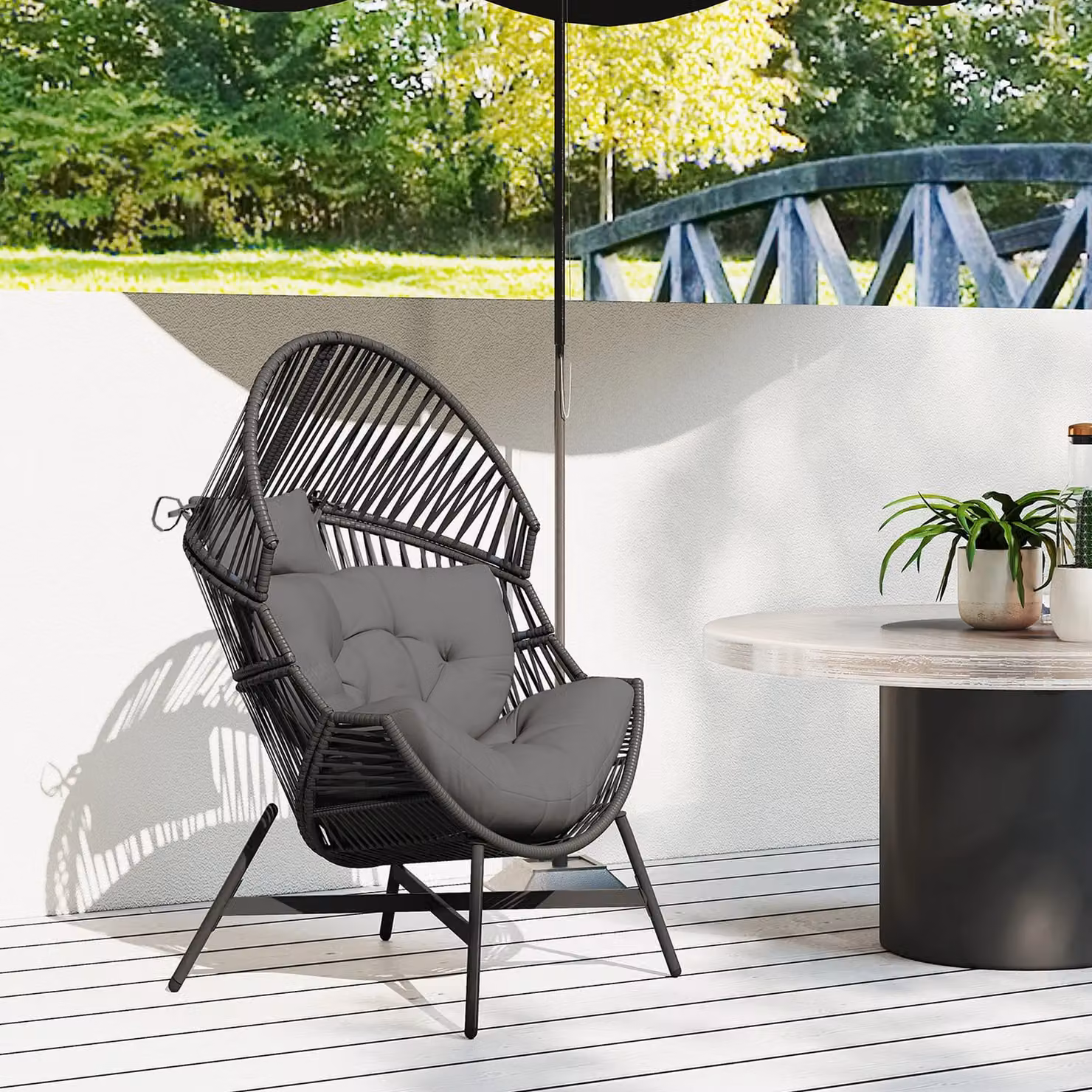 OUTSUNNY Standing Rattan Garden Egg Chair with Headrest, Charcoal Grey – 7