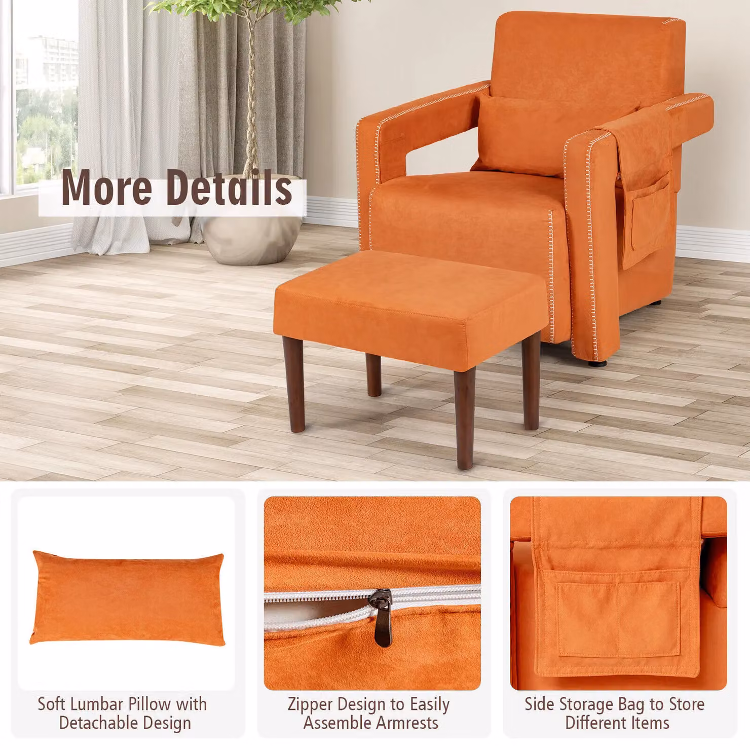 Costway Modern Upholstered Accent Armchair with Ottoman in Orange – 2