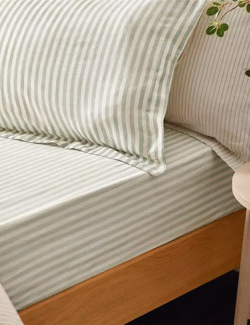 YARD Striped Pure Cotton Breathable Fitted Sheet, Light Green, W/D/H: 180 x 200 cm