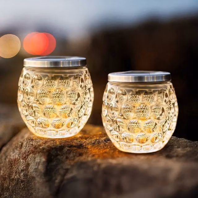 Marco Paul 2 Pack Warm White Dimpled Glass Solar LED Garden Lanterns in Transparent