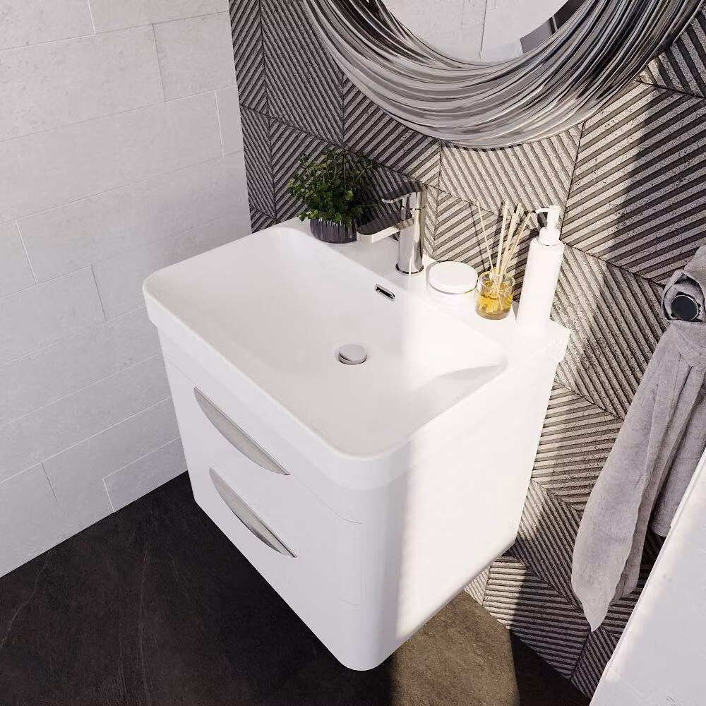 Balterley Modern Glossy White Wall Hung 2 Drawer Thin Edge Bathroom Vanity Unit with Basin, Width: 59.0 cm – 3