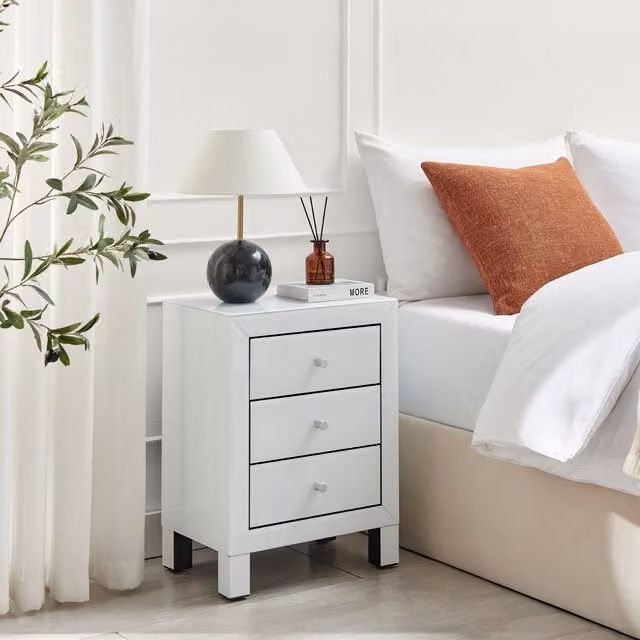 FurnitureboxUK Lexi Mirrored Bedside Table with 3 Drawers in White