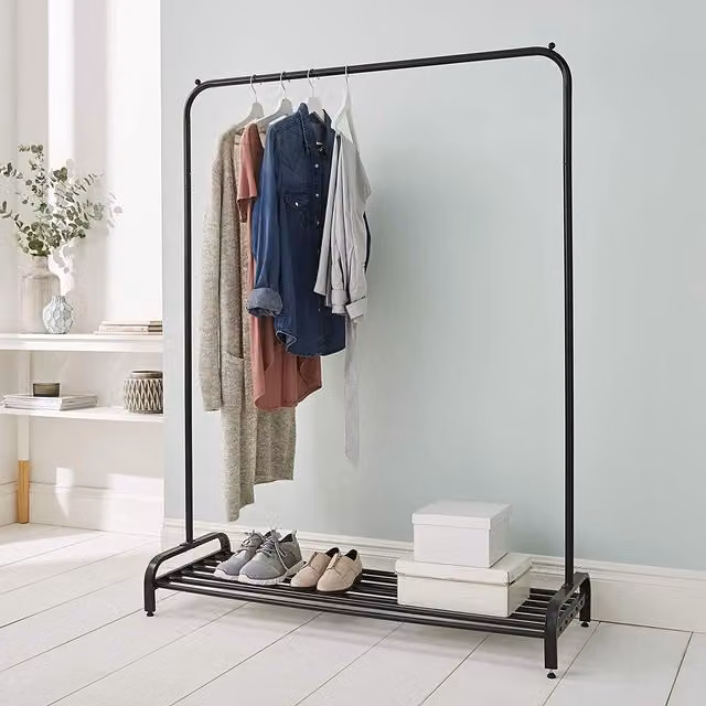 House Of Home Matt Black Metal Clothes Rail with Shoe Shelf