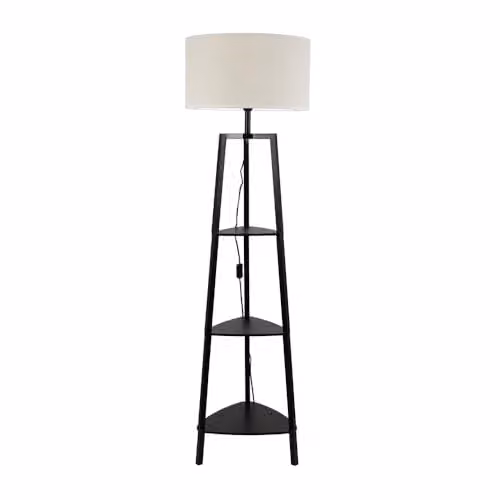 ValueLights Matt Black Wooden 3 Tier Shelf Floor Lamp with White Fabric Drum Shade and Included LED Bulb