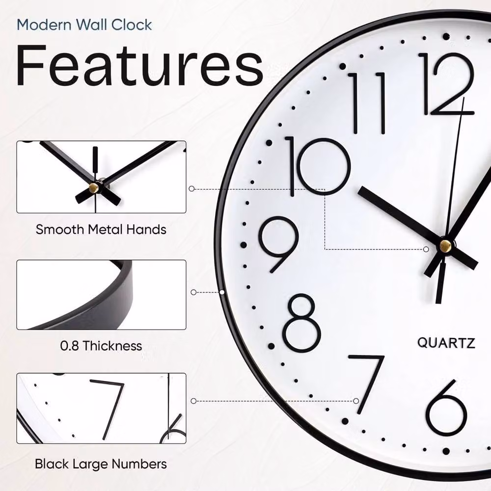 PAWNORA Black Silent Round Quartz Wall Clock with Modern Analog Display, Diameter: 30.48 cm – 2