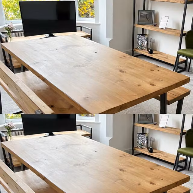 TRL Handmade Furniture Rustic Oak Dining Table with Bench and Backed Bench Set, Mid Oak and Rugger Brown