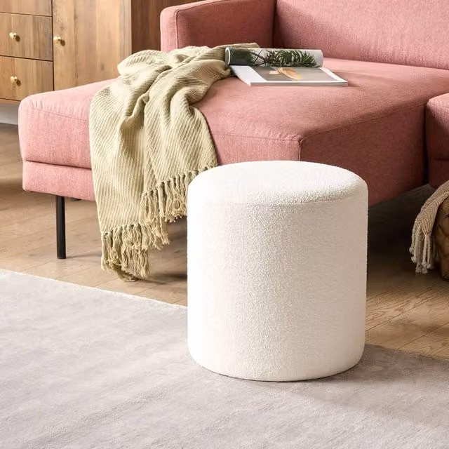 Wyld and Coco White Bouclé Round Pouffe, W/D/H: 39 x 39 x 41 cm – 1