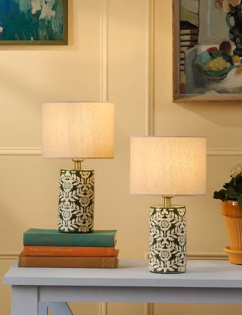Joules Highclere Table Lamp in Green and Gold/Brass with White Fabric Shade
