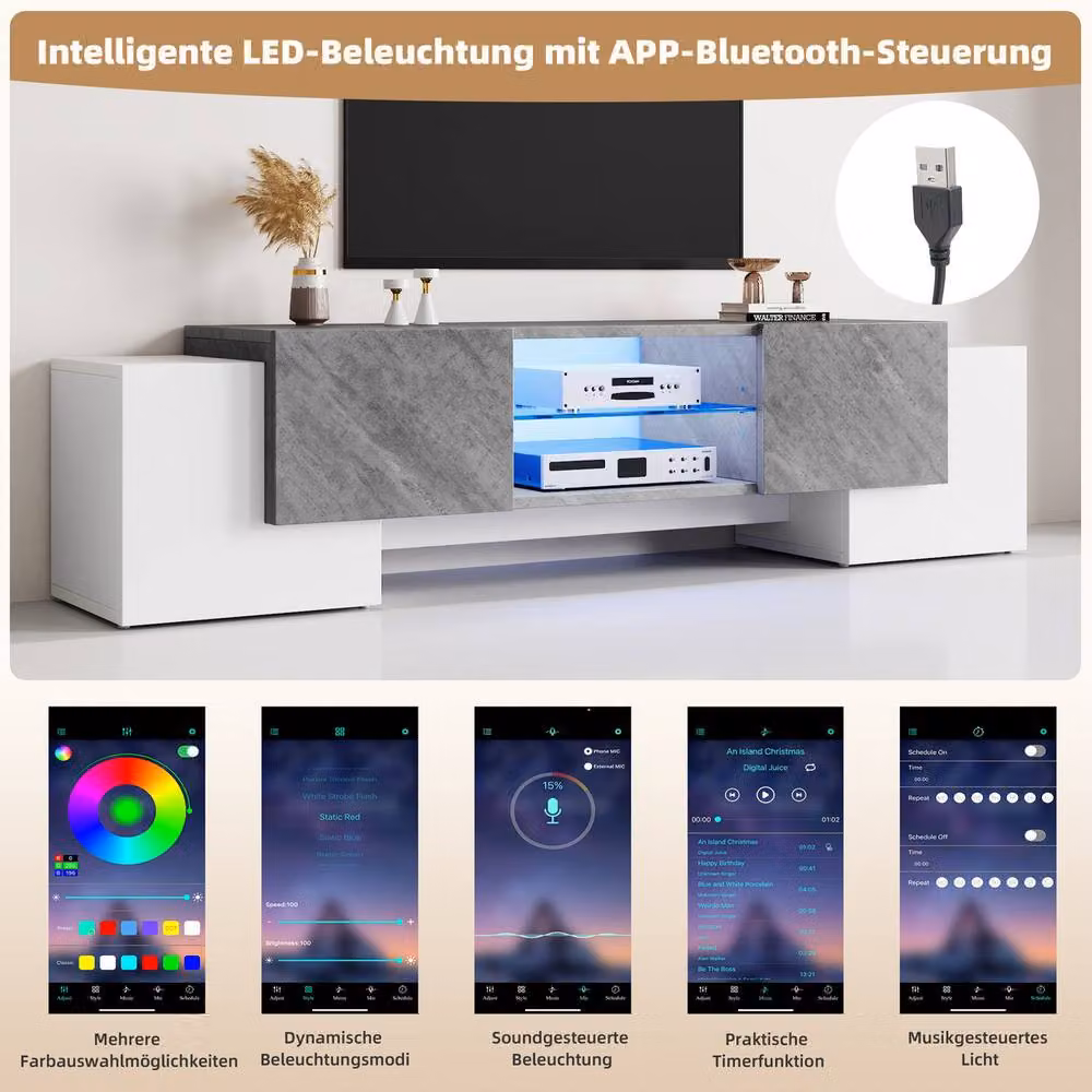 Rolipo Modern LED TV Stand with 4 Doors in White and Grey, Width: 180 cm – 4