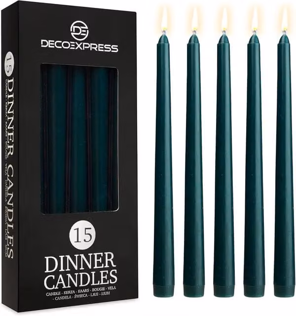 Deco Express Classic Dripless Tapered Unscented Metallic Candles in Green, 15 Pack