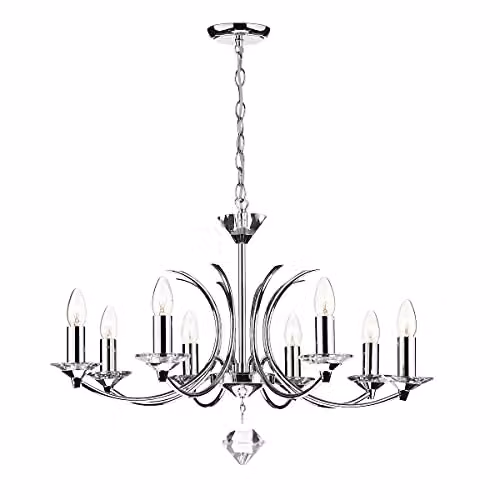 DAR Medusa 8 Light Candle Chandelier in Chrome and Silver with Transparent Glass, H 72 cm x W 142 cm x D 72 cm