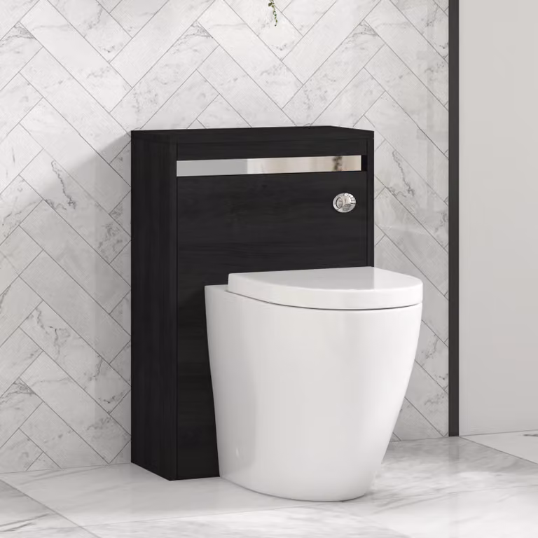 Royal Bathrooms Orion Hale Black BTW WC Unit with Elva Rimless Short Projection Toilet Pan, Seat and Cistern, Chrome Accent Trim, Width: 54 cm
