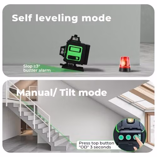 Traderight 4D Green Laser Level with 360 Degree Self-Levelling 16-Line Horizontal and Vertical Projection, Remote Control, IP54 Rating, Adjustable Stand and 2x 2400mAh Rechargeable Batteries – 3