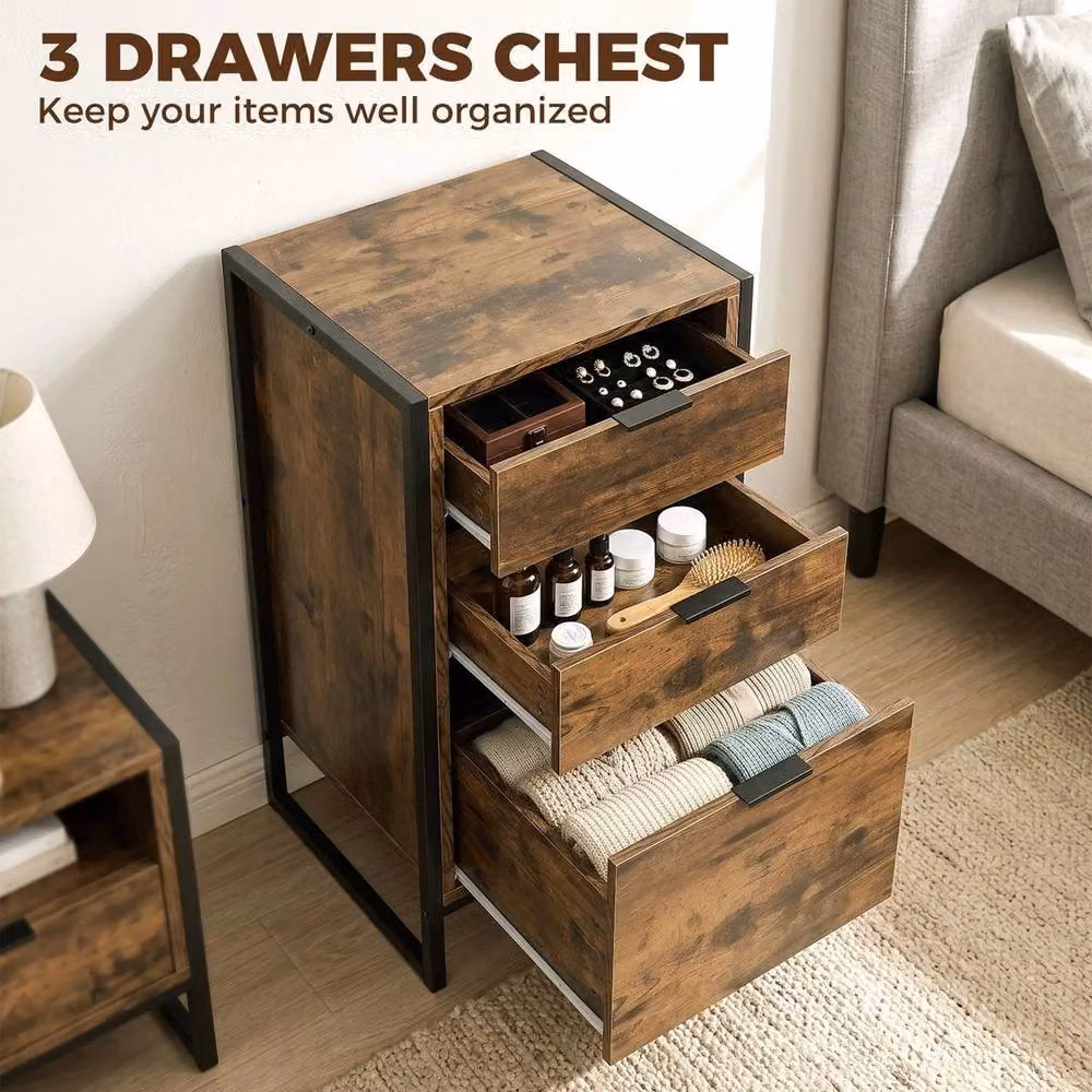 PAWNORA 3-Drawer Industrial Bedroom Chest of Drawers in Brown – 4