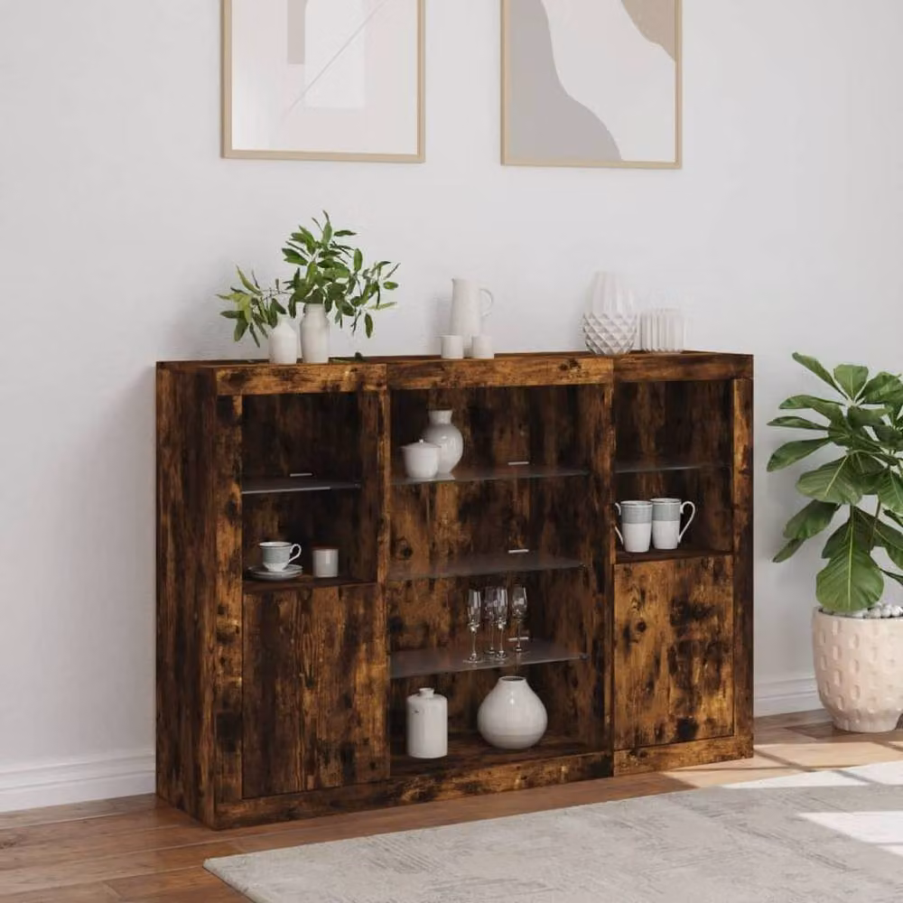 Berkfield Home Set of 3 Modern Smoked Oak Sideboards with Integrated LED Lighting in Brown – 4