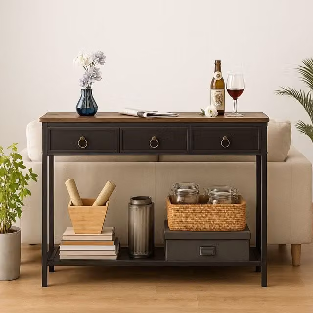 Storvo Slim Console Table with 3 Non-woven Drawers in Brown, W/D/H: 80 x 25 x 100 cm – 1